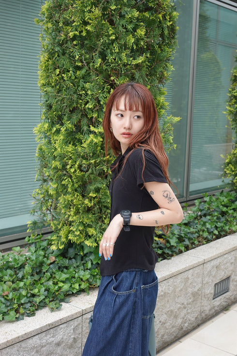 リネン混ハーフスリーブトップス